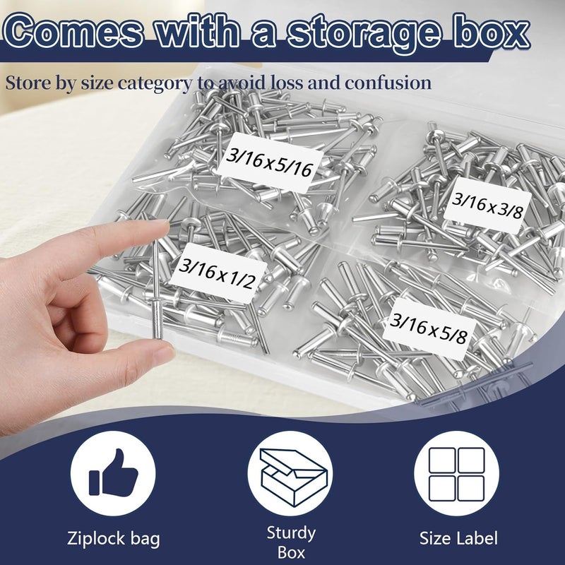 ZQZ 140 Pcs 3/16 Inches Pop Rivets Assortment Kit - 4 Sizes Aluminum Rivets (3/16" x 5/16", 3/16" x 3/8", 3/16" x 1/2", 3/16" x 5/8"), Blind Rivets for Metal Dome Head rivet kit - Image 5